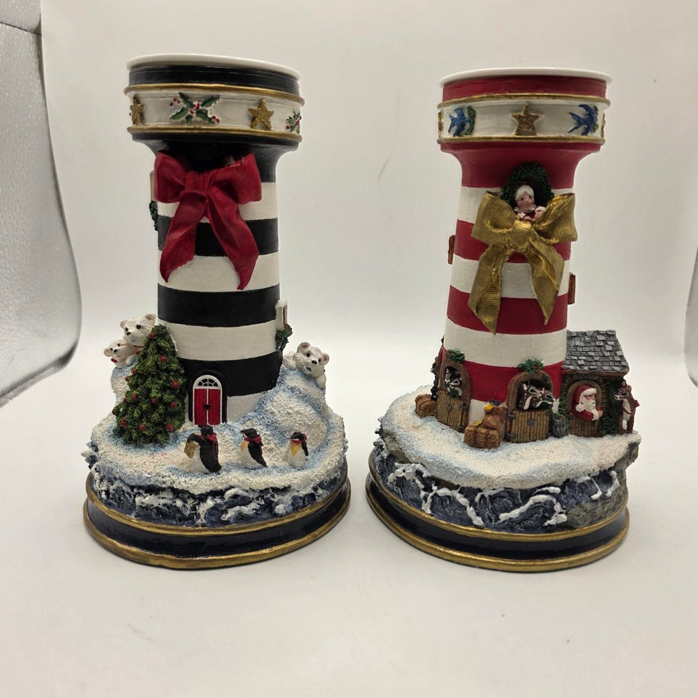 Danbury Mint Cheryl Spencer Collin Lighthouses of Christmas Candlesticks Set 2